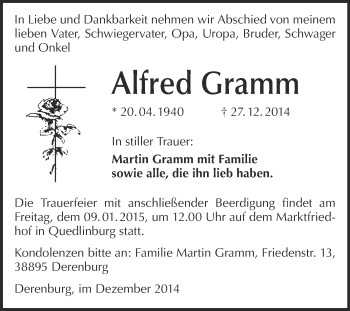 Traueranzeige von Alfred Gramm von WVG - Wochenspiegel Quedlinburg