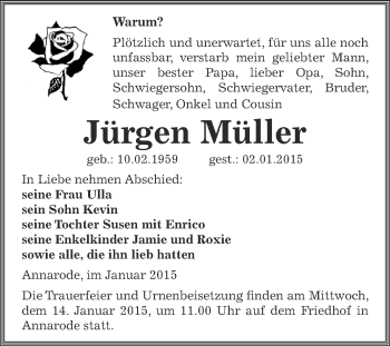 Traueranzeige von Jürgen Müller von Super Sonntag SGH Mansf. Land