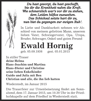 Traueranzeige von Ewald Hornig von Super Sonntag SGH Mansf. Land