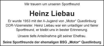 Traueranzeige von Heinz Liebau von WVG - Wochenspiegel Quedlinburg