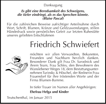 Traueranzeige von Friedrich Schwiefert von Mitteldeutsche Zeitung Halle/Saalkreis