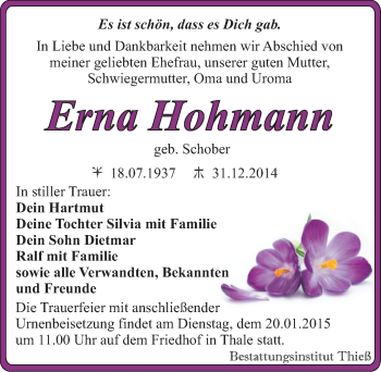 Traueranzeige von Erna Hohmann von Mitteldeutsche Zeitung Quedlinburg
