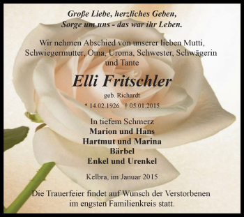 Traueranzeige von Elli Fritschler von WVG - Wochenspiegel SGH
