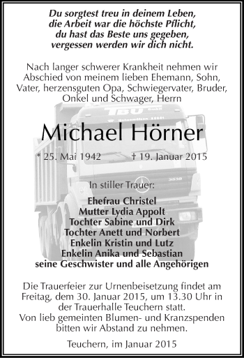 Traueranzeige von Michael Hörner von Mitteldeutsche Zeitung Weißenfels