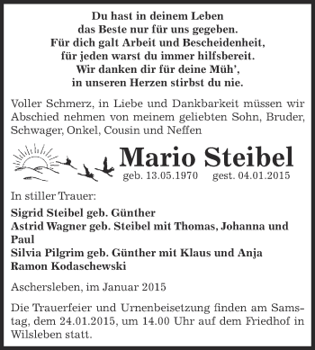 Traueranzeige von Mario Steibel von Super Sonntag Aschersleben