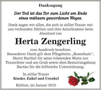 Traueranzeige von Herta Zengerling von WVG - Wochenspiegel Dessau / Köthen