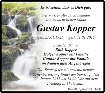 Traueranzeige von Gustav Kopper von Super Sonntag Quedlinburg
