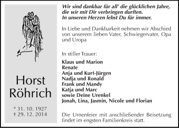 Traueranzeige von Horst Röhrich von Mitteldeutsche Zeitung Köthen