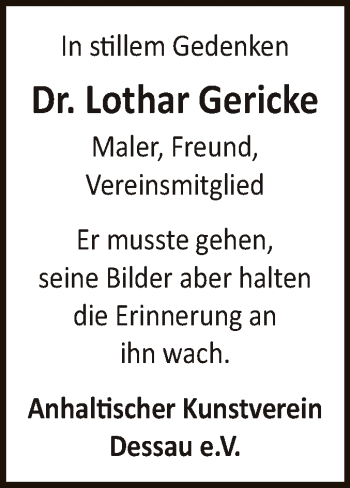 Traueranzeige von Lothar Gericke von WVG - Wochenspiegel Dessau / Köthen