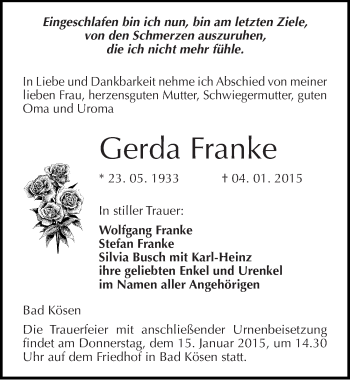 Traueranzeige von Gerda Franke von Mitteldeutsche Zeitung Naumburg/Nebra