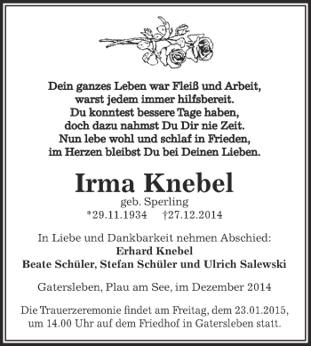 Traueranzeige von Irma Knebel von Super Sonntag Aschersleben