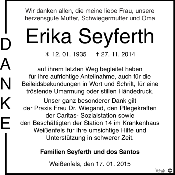 Traueranzeige von Erika Seyferth von WVG - Wochenspiegel NMB / WSF / ZTZ