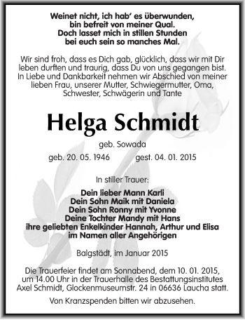 Traueranzeige von Helga Schmidt von Mitteldeutsche Zeitung Naumburg/Nebra