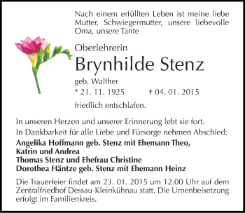 Traueranzeige von Brynhilde Stenz von Mitteldeutsche Zeitung Dessau-Roßlau