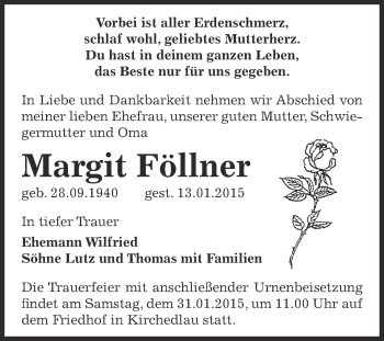Traueranzeige von Margit Föllner von Super Sonntag Bernburg
