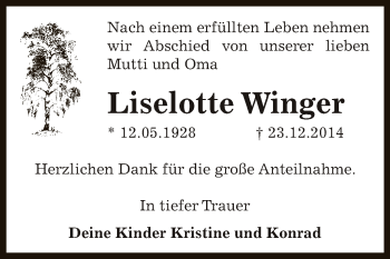 Traueranzeige von Liselotte Winger von WVG - Wochenspiegel Dessau / Köthen