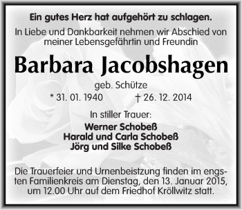 Traueranzeige von Barbara Jacobshagen von Mitteldeutsche Zeitung Halle/Saalkreis
