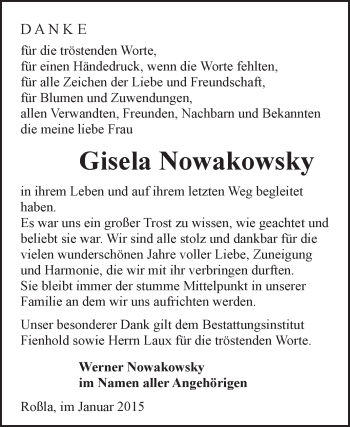 Traueranzeige von Gisela Nowakowsky von Super Sonntag SGH Mansf. Land