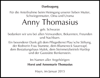 Traueranzeige von Anny Thomasius von WVG - Wochenspiegel Quedlinburg