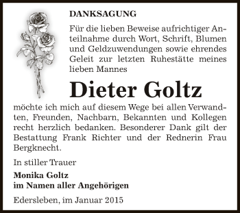 Traueranzeige von Dieter Goltz von Super Sonntag SGH Mansf. Land