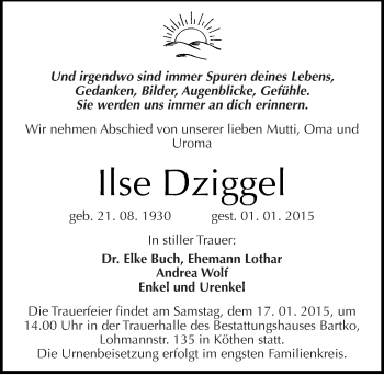 Traueranzeige von Ilse Dziggel von Mitteldeutsche Zeitung Köthen