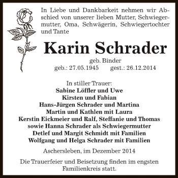 Traueranzeige von Karin Schrader von WVG - Wochenspiegel Aschersleben