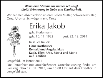 Traueranzeige von Erika Jakob von Mitteldeutsche Zeitung Sangerhausen