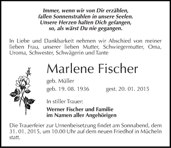 Traueranzeige von Marlene Fischer von Mitteldeutsche Zeitung Merseburg/Querfurt