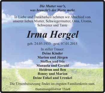 Traueranzeige von Irma Hergel von Super Sonntag Quedlinburg