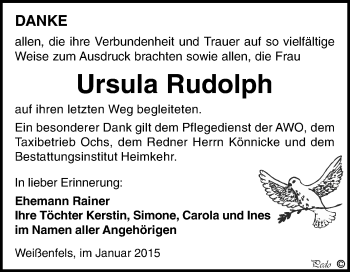Traueranzeige von Ursula Rudolph von WVG - Wochenspiegel NMB / WSF / ZTZ