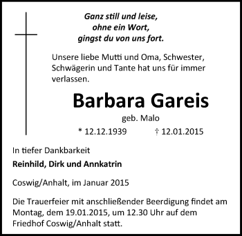 Traueranzeige von Barbara Gareis von Mitteldeutsche Zeitung Wittenberg