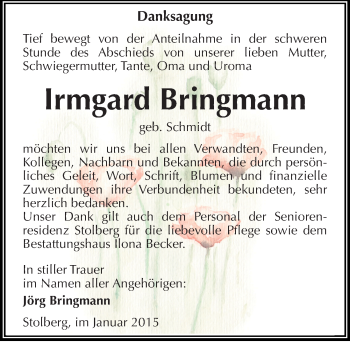 Traueranzeige von Irmgard Bringmann von Mitteldeutsche Zeitung Sangerhausen