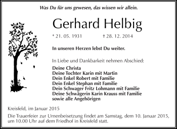 Traueranzeige von Gerhard Helbig von Wochenspiegel Mansfelder Land