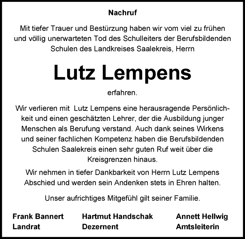  Traueranzeige für Lutz Lempens vom 17.01.2015 aus Mitteldeutsche Zeitung Merseburg/Querfurt