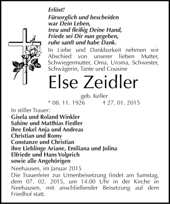 Traueranzeige von Else Zeidler von Mitteldeutsche Zeitung Mansfelder Land