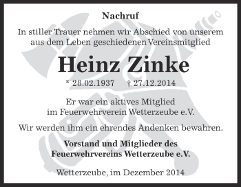 Traueranzeige von Heinz Zinke von Super Sonntag Zeitz