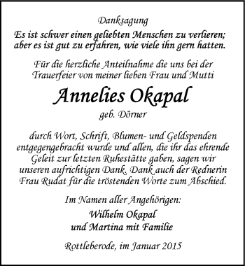 Traueranzeige von Annelies Okapal von Mitteldeutsche Zeitung Sangerhausen