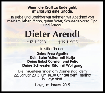 Traueranzeige von Dieter Arendt von WVG - Wochenspiegel SGH