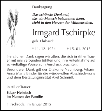 Traueranzeige von Irmgard Tschirpke von Mitteldeutsche Zeitung Naumburg/Nebra