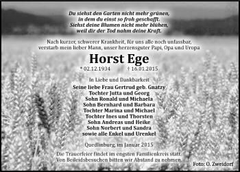 Traueranzeige von Horst Ege von Mitteldeutsche Zeitung Quedlinburg