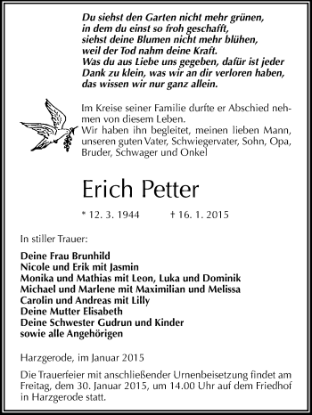 Traueranzeige von Erich Petter von WVG - Wochenspiegel Quedlinburg