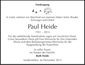 Traueranzeige von Paul Heide von Mitteldeutsche Zeitung Mansfelder Land