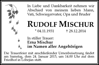 Traueranzeige von Rudolf Mischur von Mitteldeutsche Zeitung Halle/Saalkreis
