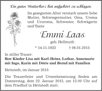 Traueranzeige von Emmi Laas von Wochenspiegel Mansfelder Land