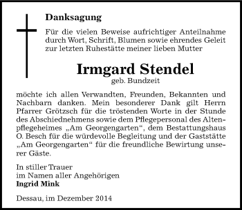 Traueranzeige von Irmgard Stendel von Mitteldeutsche Zeitung Dessau-Roßlau