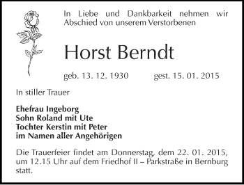 Traueranzeige von Horst Berndt von Mitteldeutsche Zeitung Bernburg