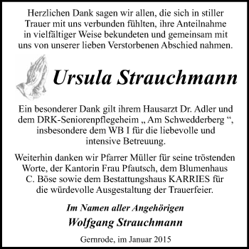 Traueranzeige von Ursula Strauchmann von WVG - Wochenspiegel Quedlinburg