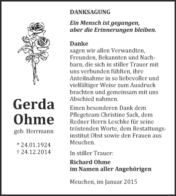 Traueranzeige von Gerda Ohme von Super Sonntag Merseburg