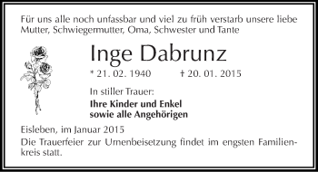 Traueranzeige von Inge Dabrunz von Mitteldeutsche Zeitung Mansfelder Land