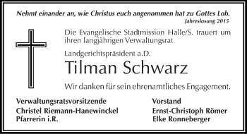 Traueranzeige von Tilman Schwarz von Mitteldeutsche Zeitung Halle/Saalkreis